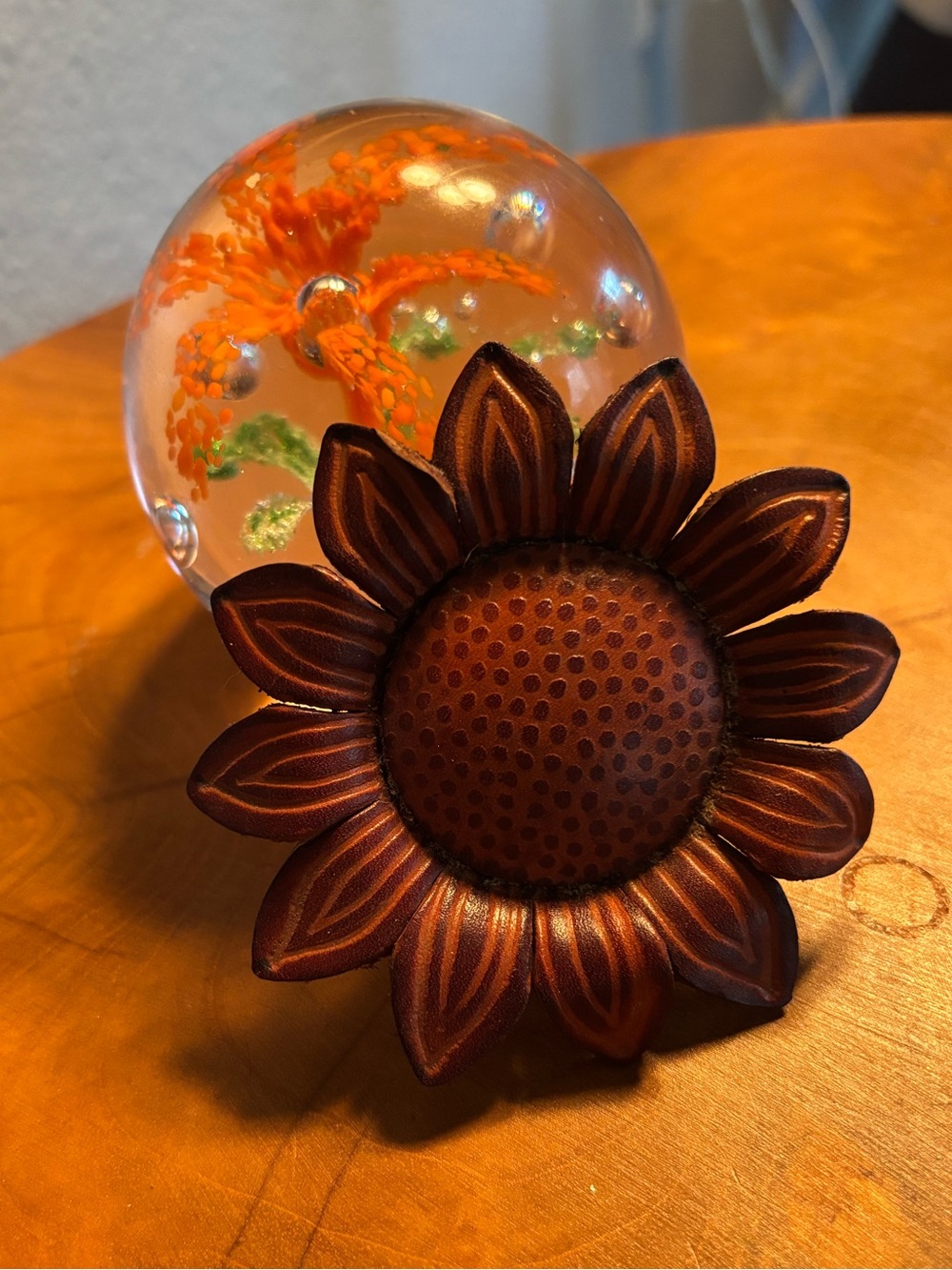 Artisan Tooled Leather Sunflower Brooch Pin Brown 3.5” Statement